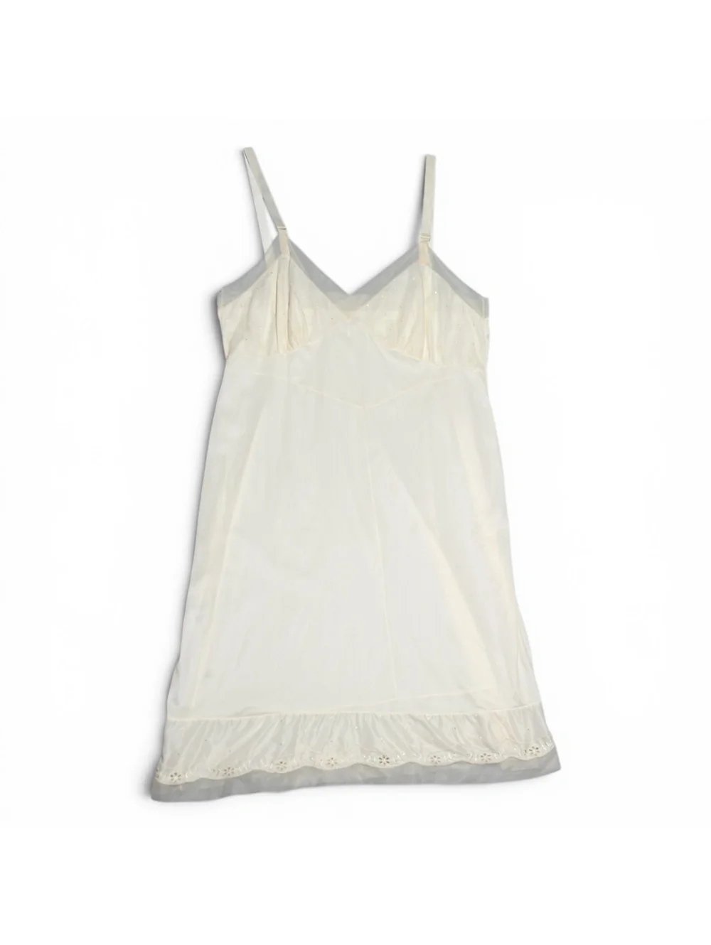 Vintage Ivory Nylon Slip Dress with Embroidered Hem and Contrast Trim